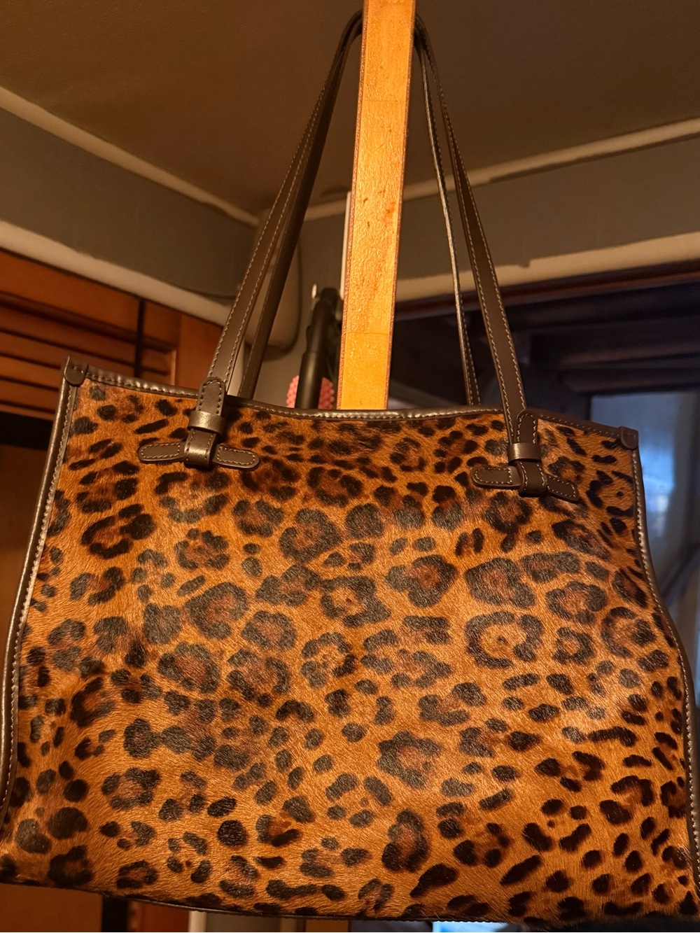 Leopard Print Tote Bag with Brown Trim